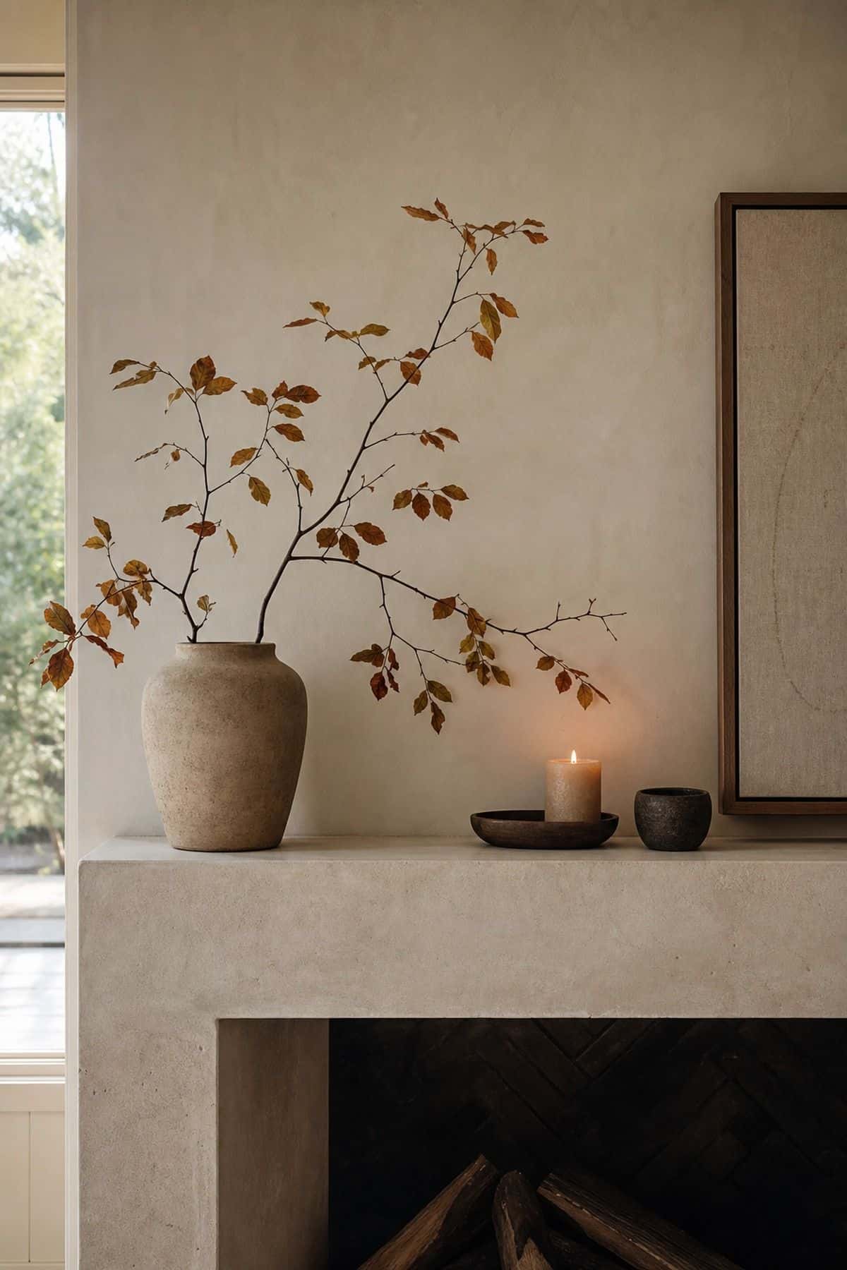Modern Mantel Breathing Room shown as a realistic Pretty Wild World image for 17 Modern Fall Decor Ideas for a Warm Minimal Home.