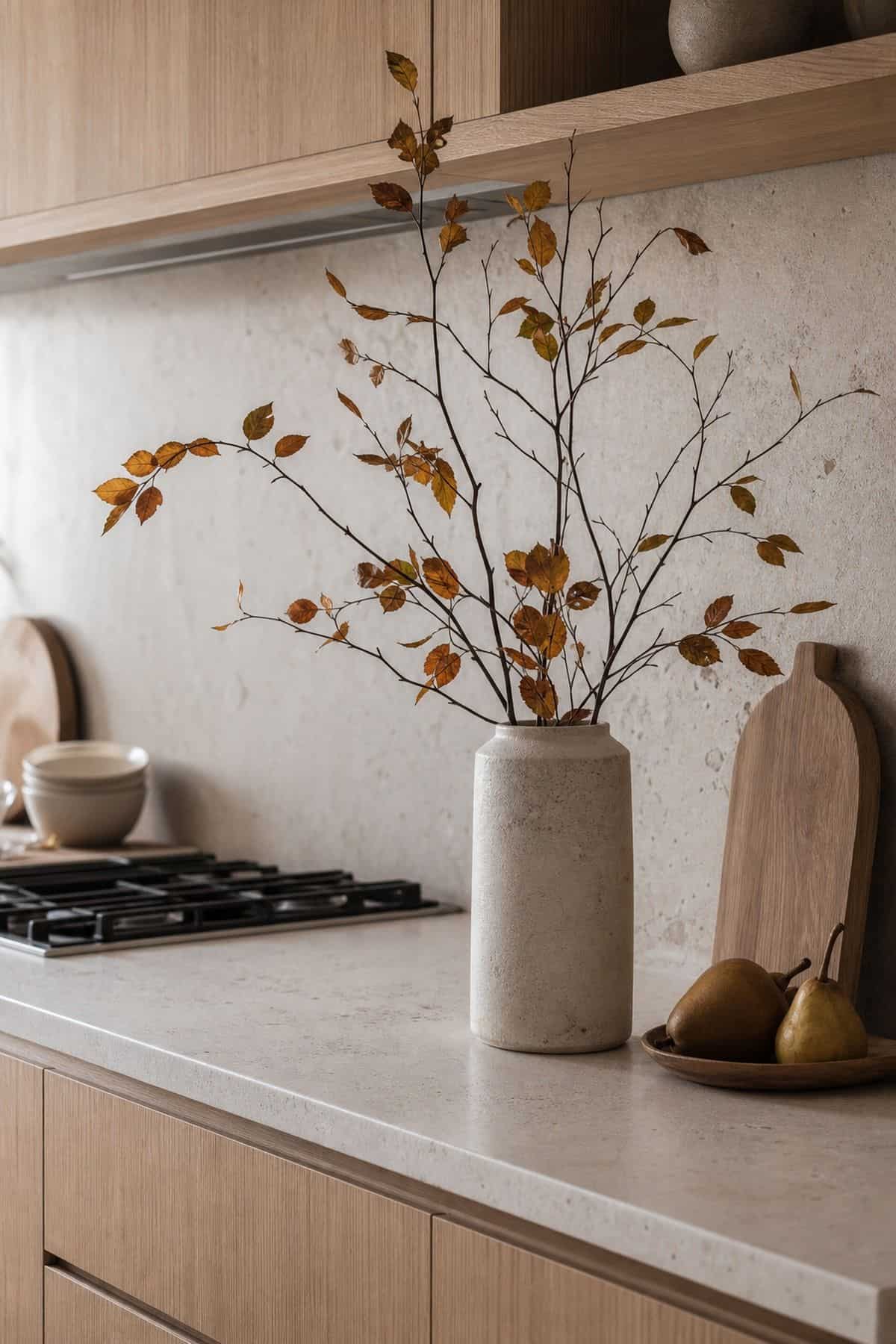Kitchen Counter Branches shown as a realistic Pretty Wild World image for 17 Modern Fall Decor Ideas for a Warm Minimal Home.