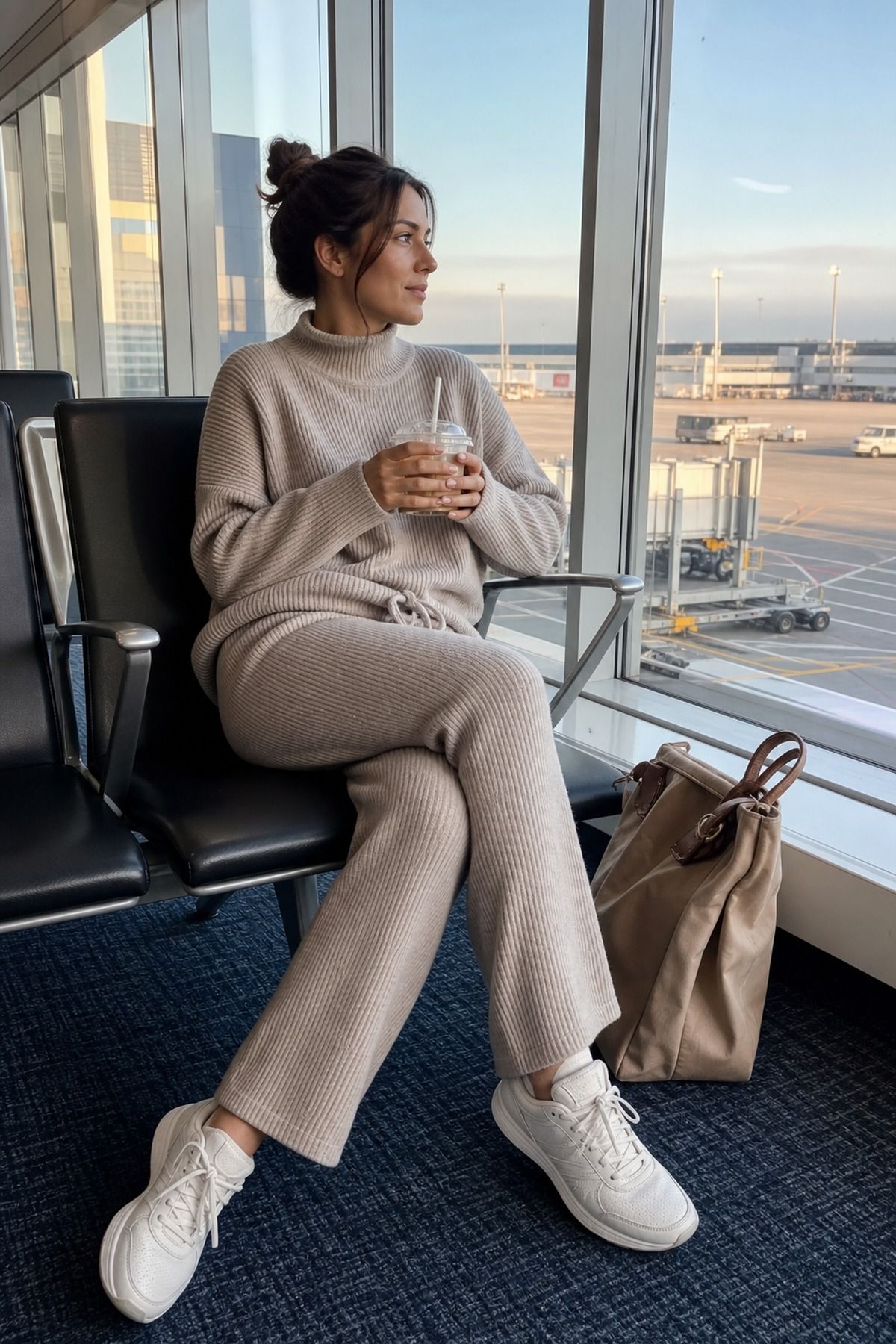 Soft Matching Set with Sneakers shown as a realistic Pretty Wild World image for 17 Long Haul Flight Outfit Ideas That Are Comfortable Without Looking Sloppy.