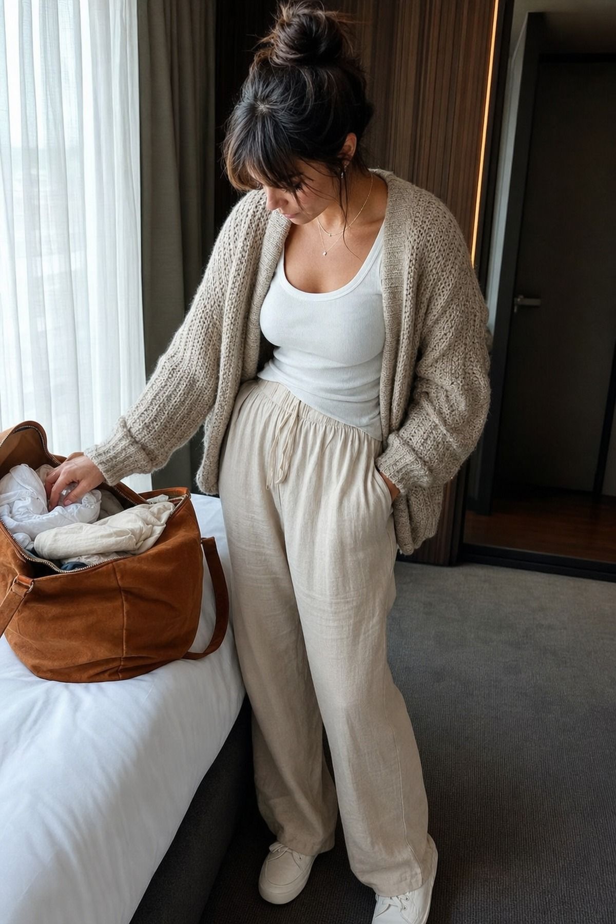 Cardigan over a Cotton Tank shown as a realistic Pretty Wild World image for 17 Long Haul Flight Outfit Ideas That Are Comfortable Without Looking Sloppy.