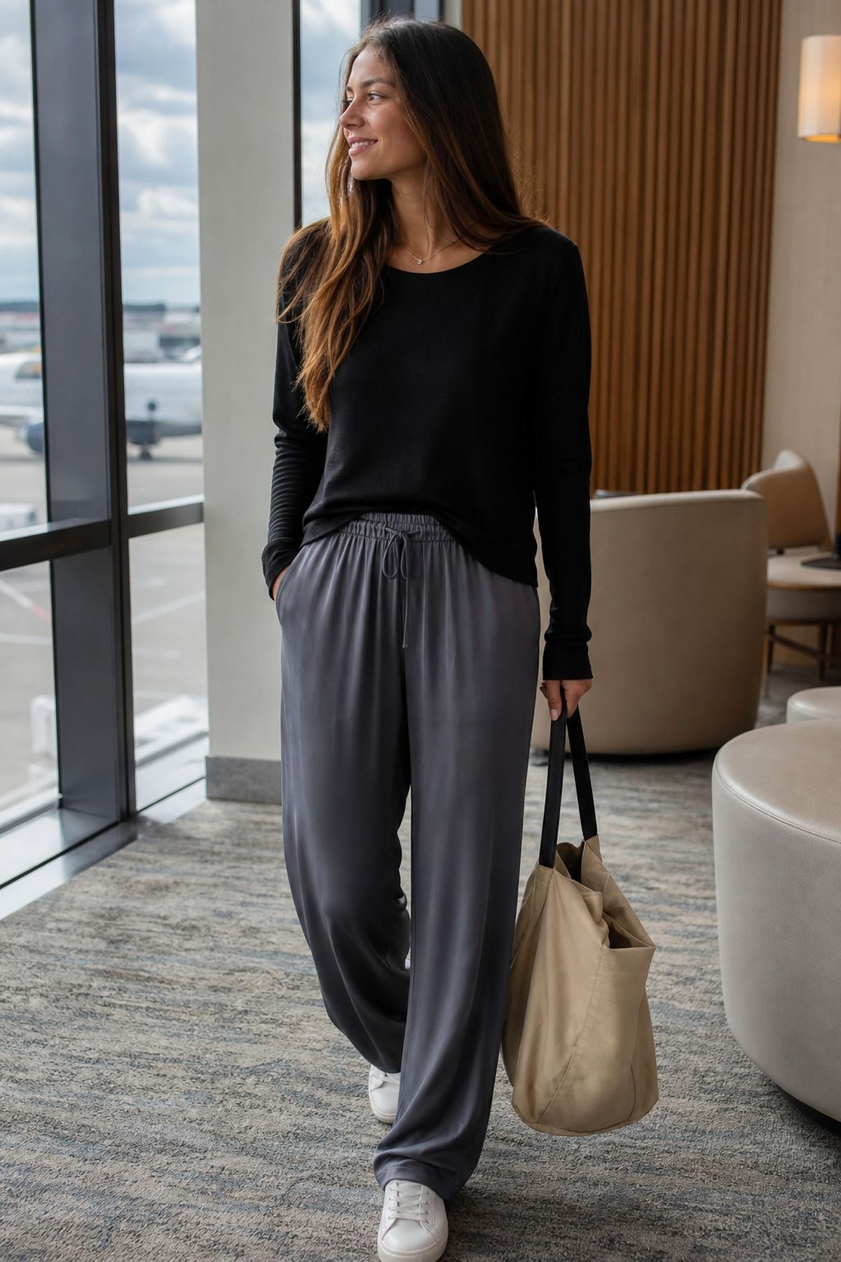 Washable Silk Pants with a Knit shown as a realistic Pretty Wild World image for 17 Long Haul Flight Outfit Ideas That Are Comfortable Without Looking Sloppy.