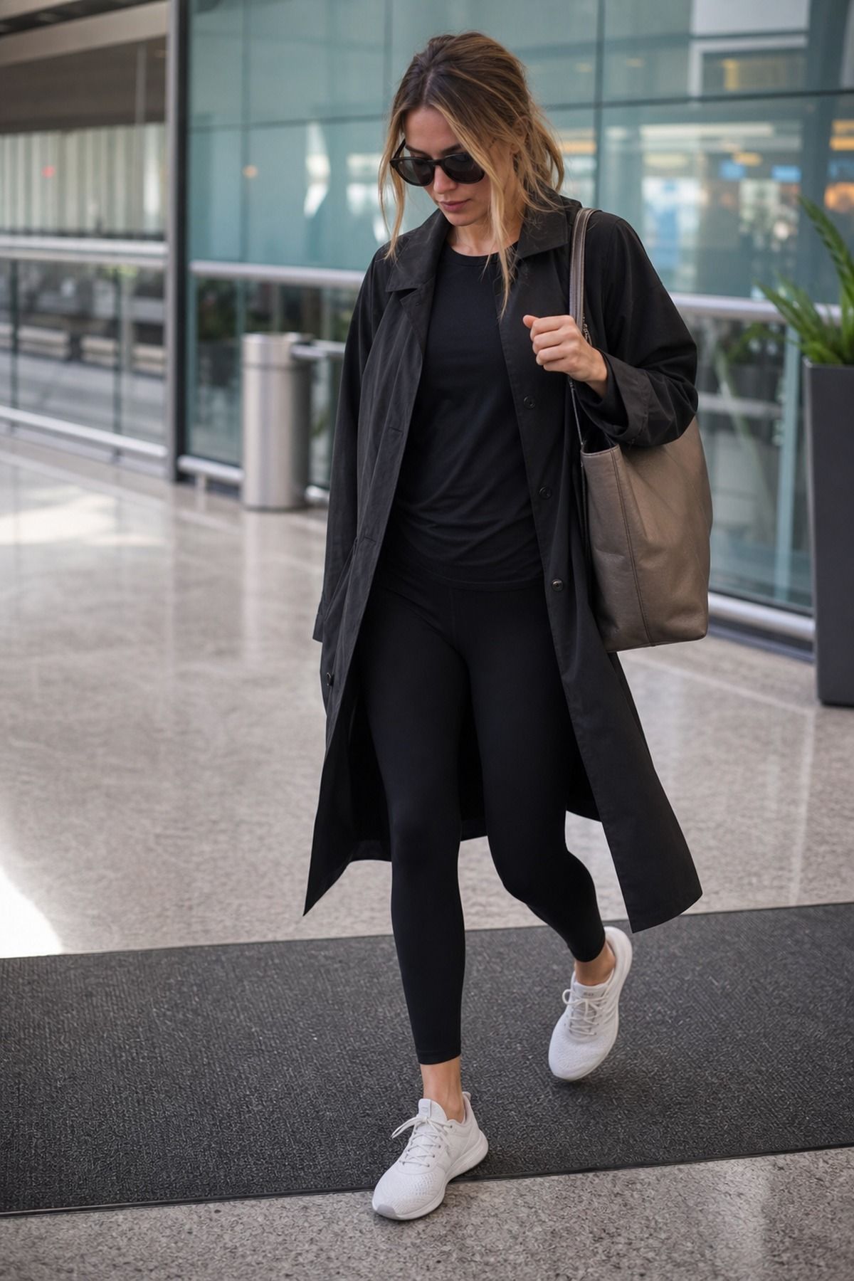 Leggings with a Longline Layer shown as a realistic Pretty Wild World image for 17 Long Haul Flight Outfit Ideas That Are Comfortable Without Looking Sloppy.