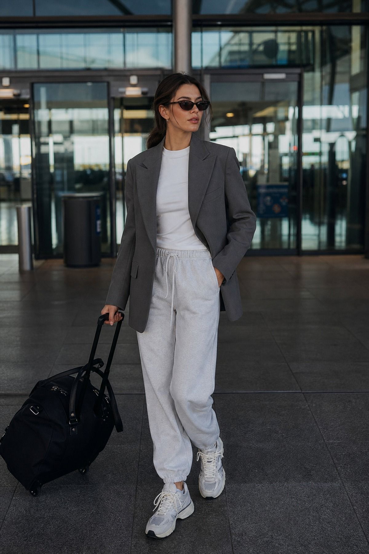 Joggers with a Structured Jacket shown as a realistic Pretty Wild World image for 17 Long Haul Flight Outfit Ideas That Are Comfortable Without Looking Sloppy.