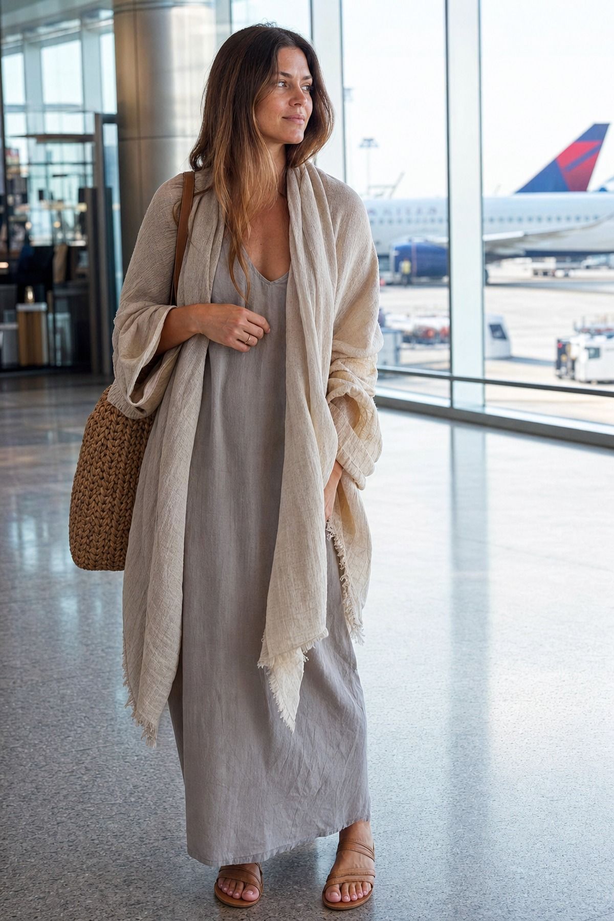 Maxi Dress with a Travel Wrap shown as a realistic Pretty Wild World image for 17 Long Haul Flight Outfit Ideas That Are Comfortable Without Looking Sloppy.