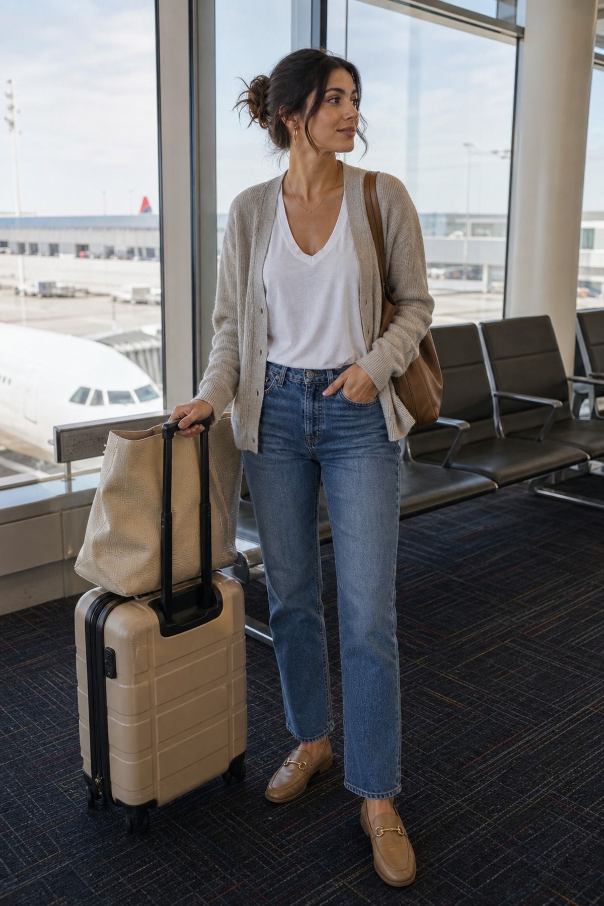 Straight Jeans with Stretch and Loafers shown as a realistic Pretty Wild World image for 17 Long Haul Flight Outfit Ideas That Are Comfortable Without Looking Sloppy.