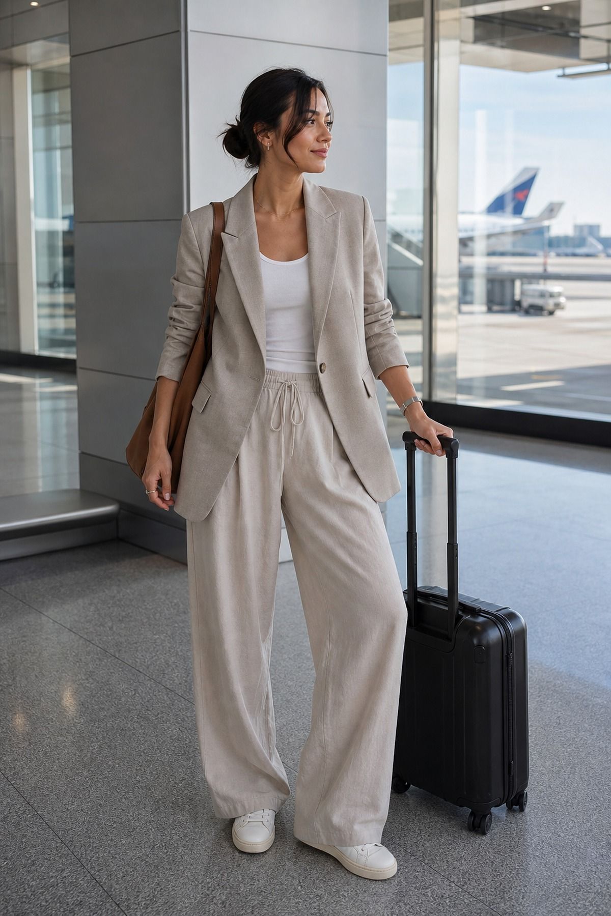 Airport Blazer with Relaxed Pants shown as a realistic Pretty Wild World image for 17 Long Haul Flight Outfit Ideas That Are Comfortable Without Looking Sloppy.