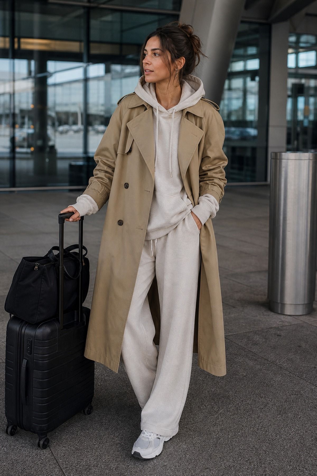 Hoodie under a Trench Coat shown as a realistic Pretty Wild World image for 17 Long Haul Flight Outfit Ideas That Are Comfortable Without Looking Sloppy.
