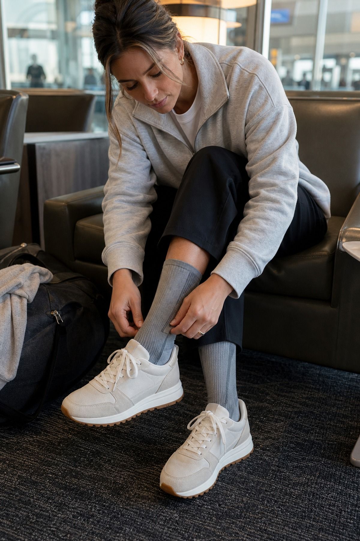 Compression Socks with Polished Sneakers shown as a realistic Pretty Wild World image for 17 Long Haul Flight Outfit Ideas That Are Comfortable Without Looking Sloppy.