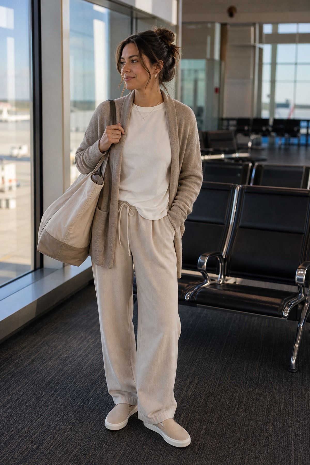 Slip On Shoes with Soft Layers shown as a realistic Pretty Wild World image for 17 Long Haul Flight Outfit Ideas That Are Comfortable Without Looking Sloppy.