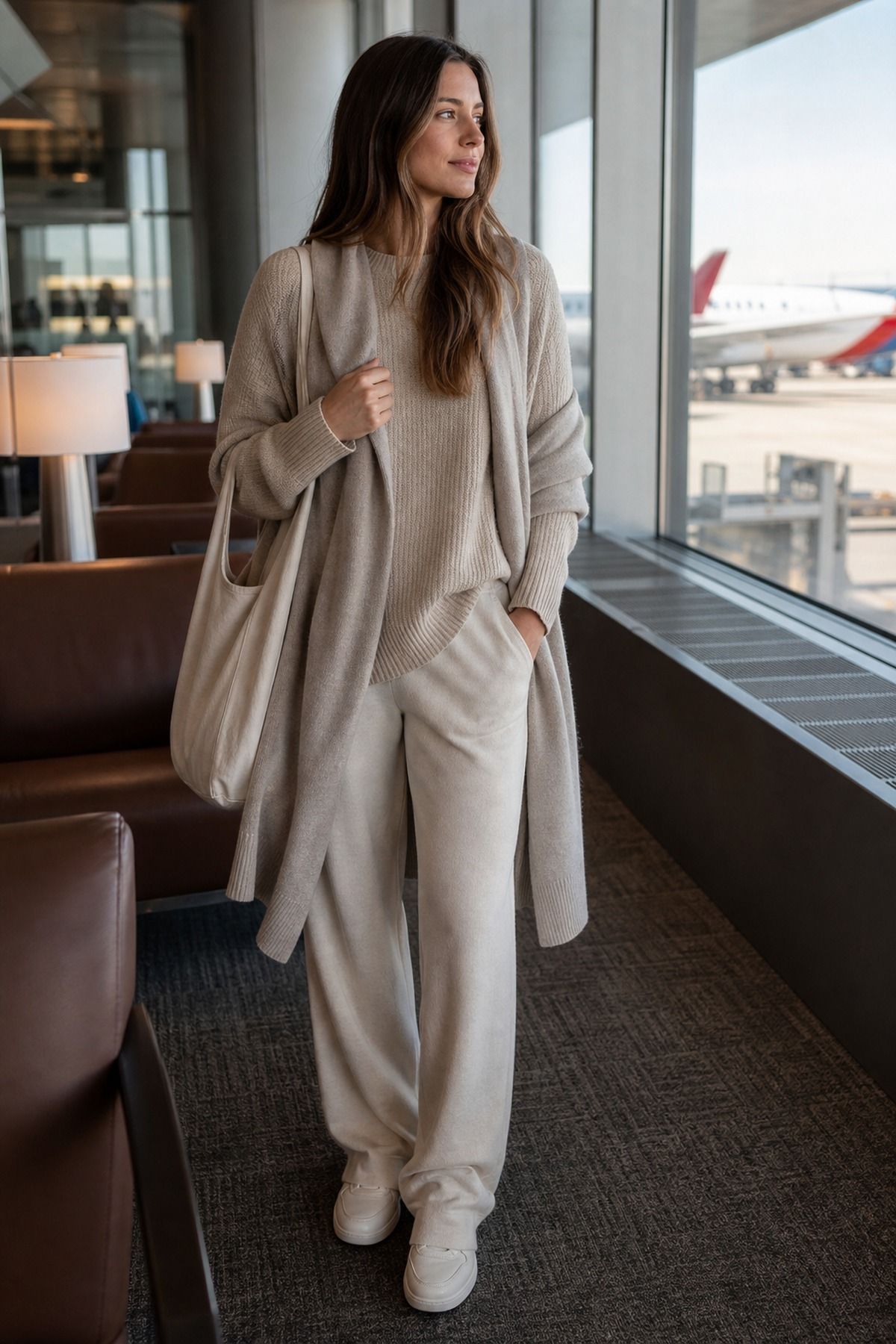 Warm Cabin Layer Outfit shown as a realistic Pretty Wild World image for 17 Long Haul Flight Outfit Ideas That Are Comfortable Without Looking Sloppy.