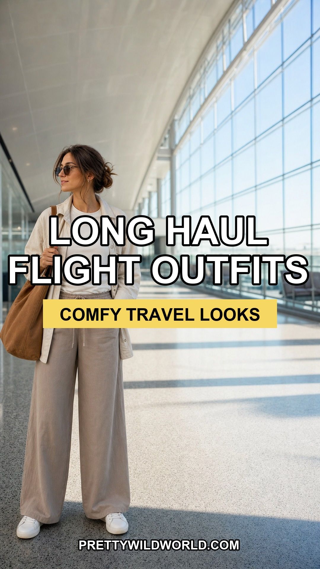 Pinterest pin for long haul flight outfits with comfortable travel looks from Pretty Wild World.