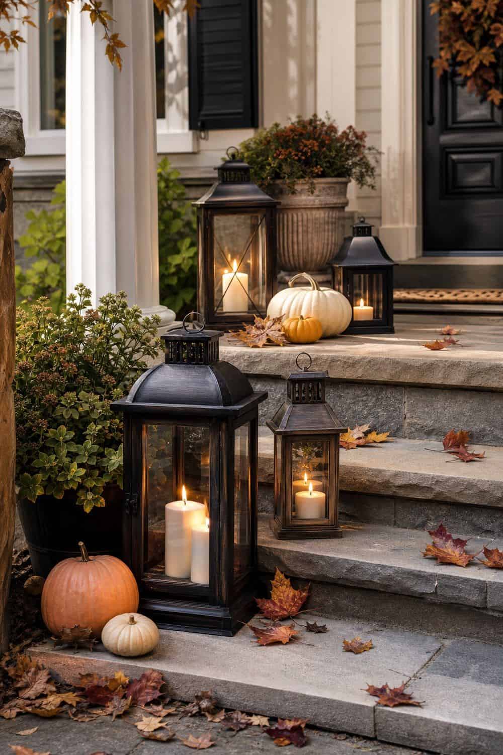 Black metal lanterns with pillar candles on stone front steps with white pumpkins and fallen autumn leaves