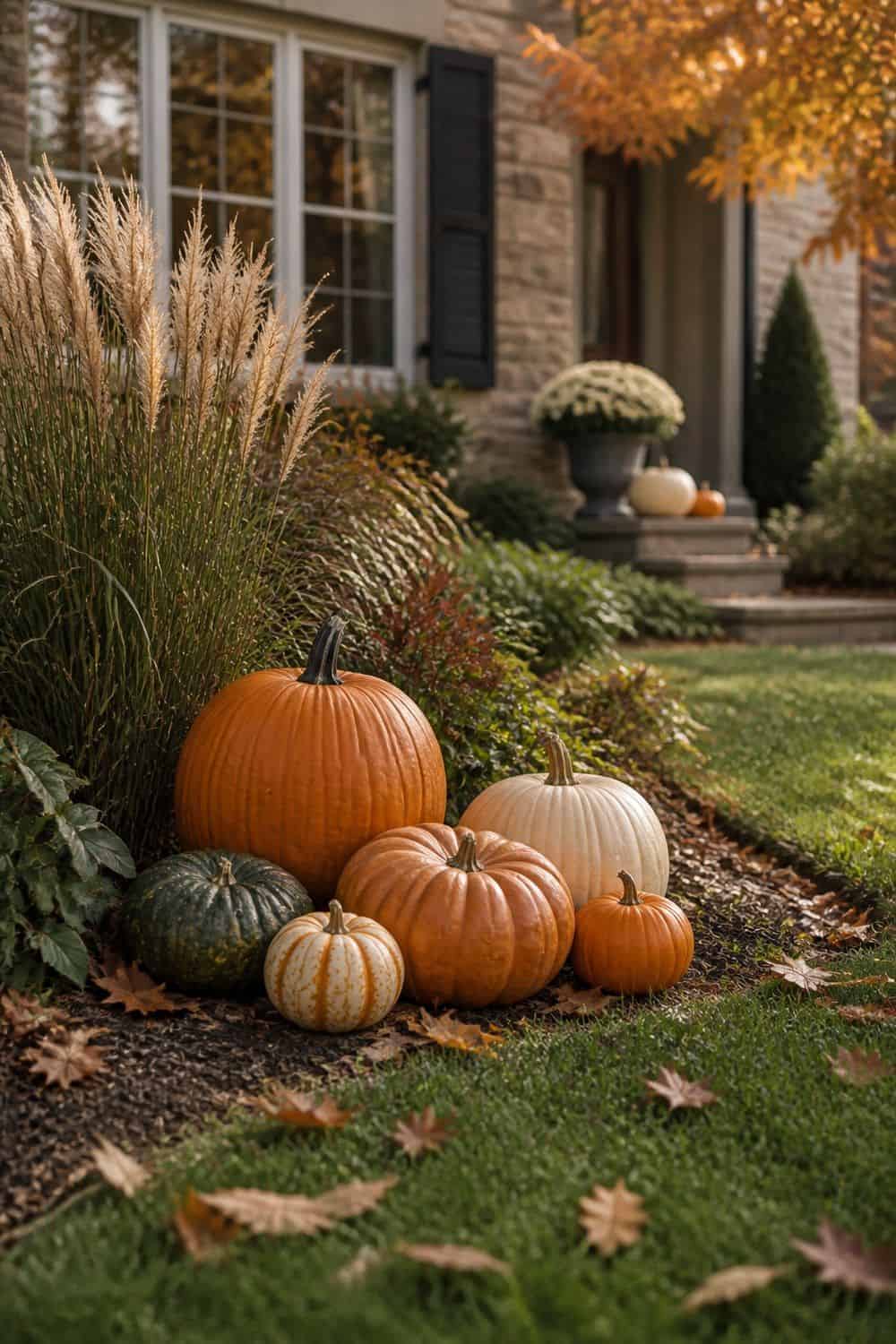 Cluster of orange, cream and green pumpkins in a garden bed with ornamental grasses and fallen leaves