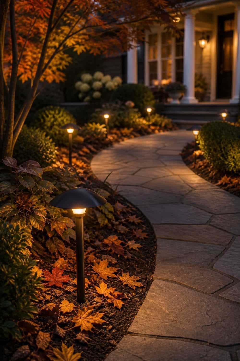 Low black path lights along a curving stone garden path at dusk with red maple leaves