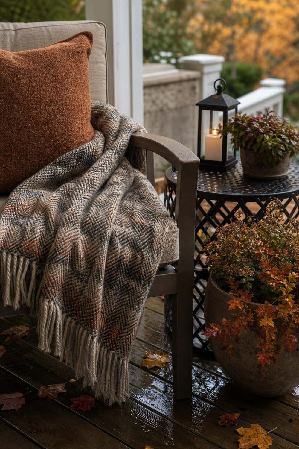 Brown plaid throw over a dark wicker chair with a rust pillow, a lantern on a side table and potted mums
