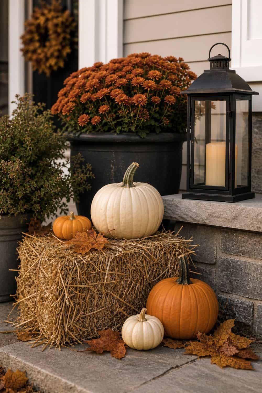 Single hay bale with white and orange pumpkins beside a planter of rust mums and a black lantern