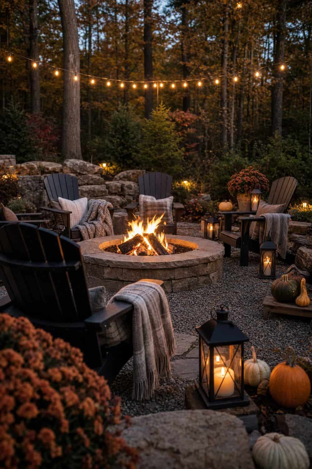 Fire pit in a gravel circle with dark Adirondack chairs, string lights, lanterns, a blanket and pumpkins