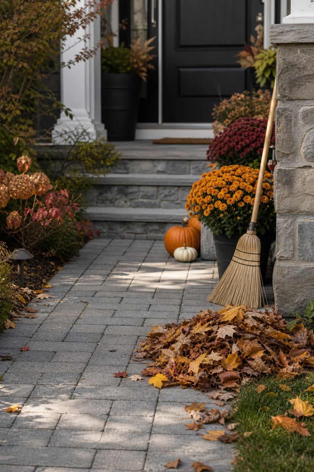 Swept stone front walk with autumn leaves pushed to the edges, a rake by the wall and mums along the steps