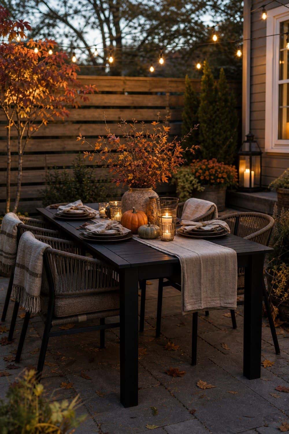 Outdoor dining table with a linen runner, place settings, candle lanterns and throws on the chairs under string lights