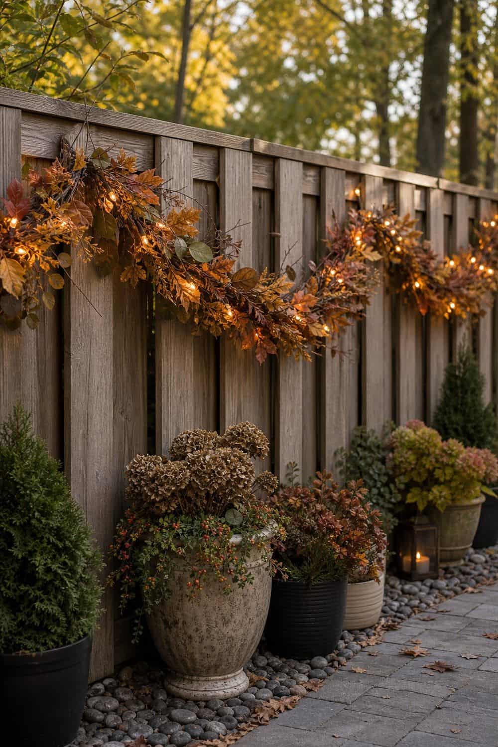 Dried autumn leaf garland with fairy lights along a wooden fence above planters of mums and greenery