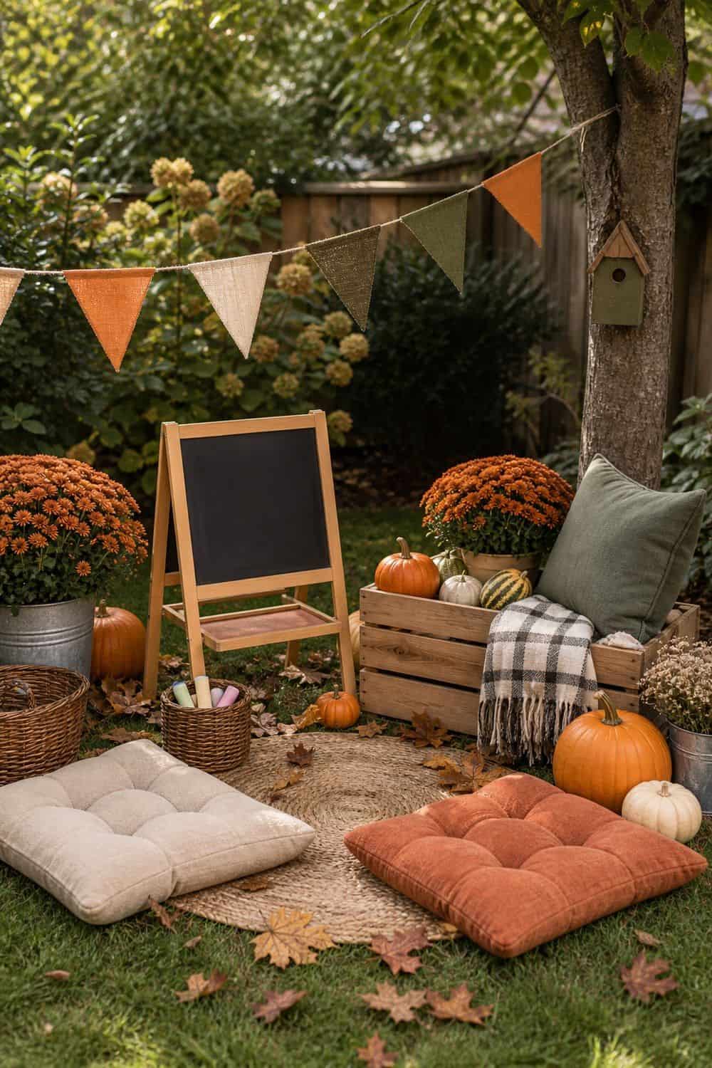 Kids fall corner with floor cushions, fabric bunting, a small chalkboard, a crate with a plaid blanket and pumpkins