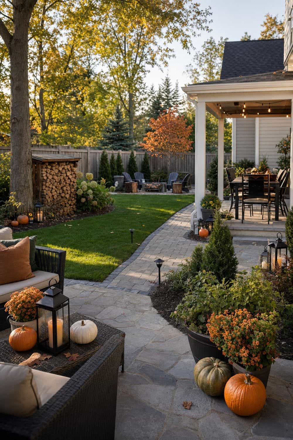 Wide view of a fall yard with a stone path, covered patio dining area, firewood stack, planters and lanterns