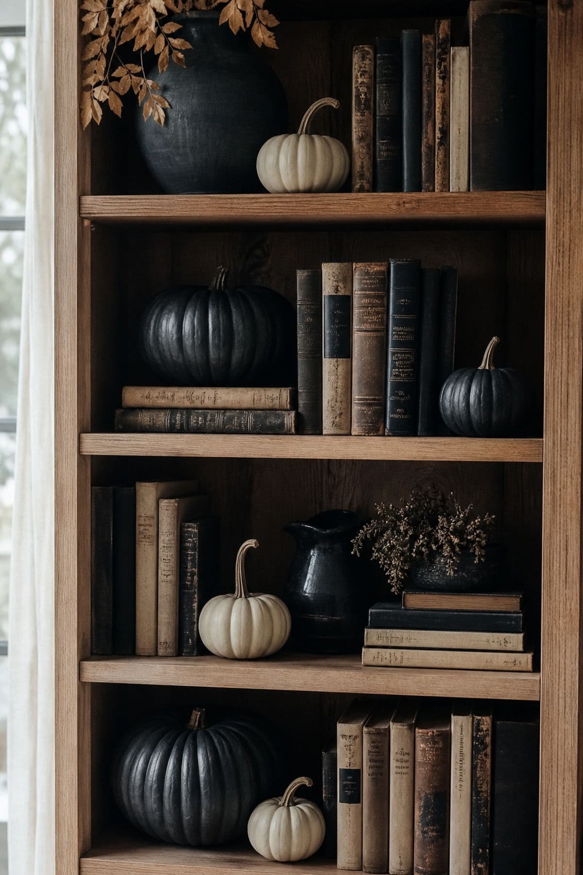 Matte Pumpkins Between Books shown as a realistic Pretty Wild World image for 17 Halloween Shelf Decor Ideas for a Moody Collected Display.