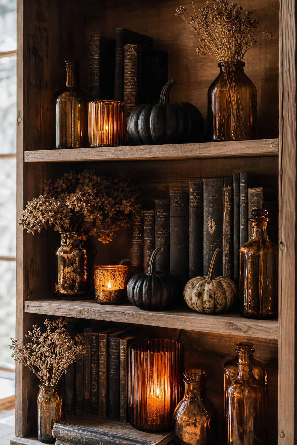 Amber Glass Glow shown as a realistic Pretty Wild World image for 17 Halloween Shelf Decor Ideas for a Moody Collected Display.