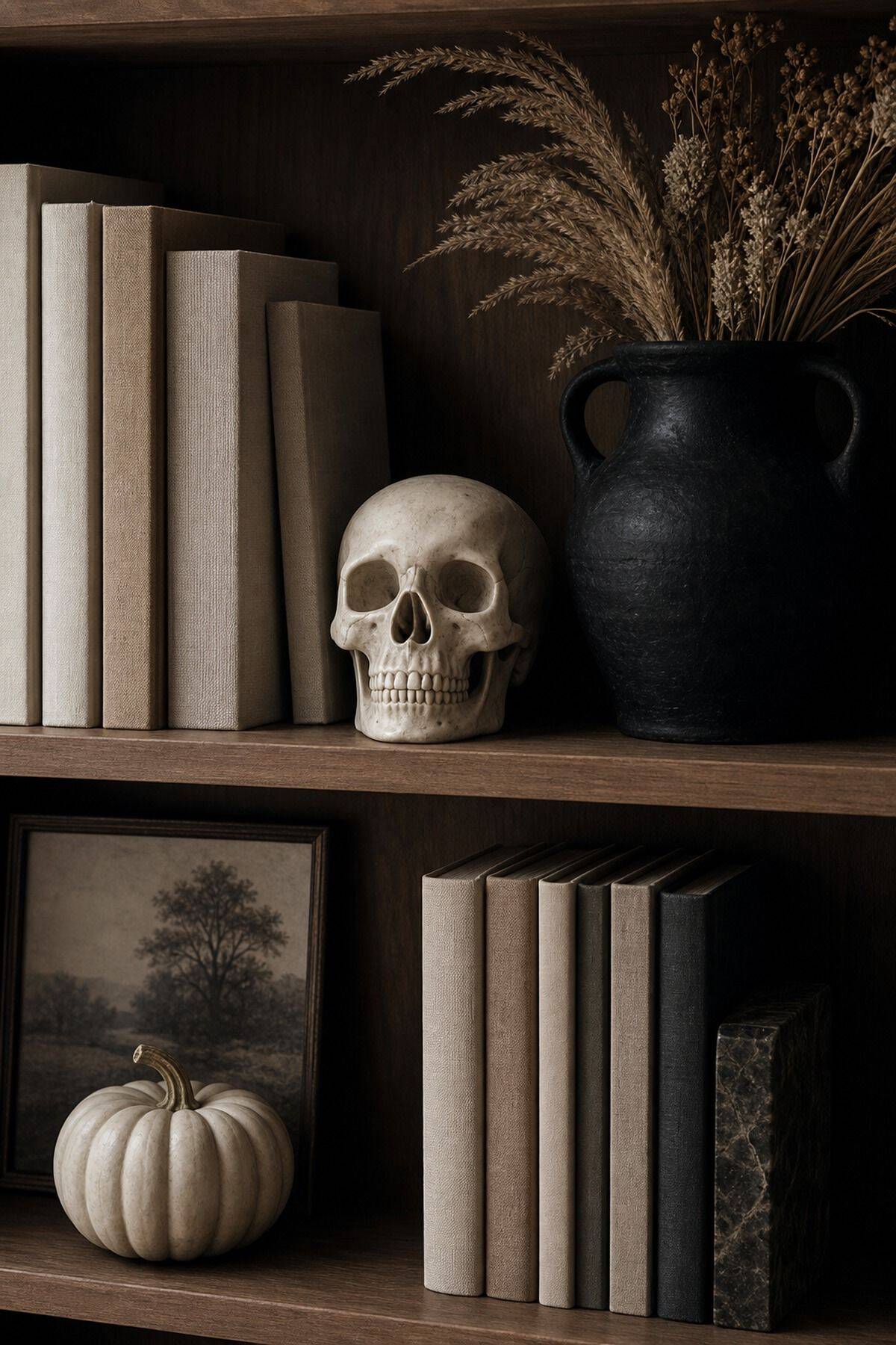 One Neutral Skull Detail shown as a realistic Pretty Wild World image for 17 Halloween Shelf Decor Ideas for a Moody Collected Display.