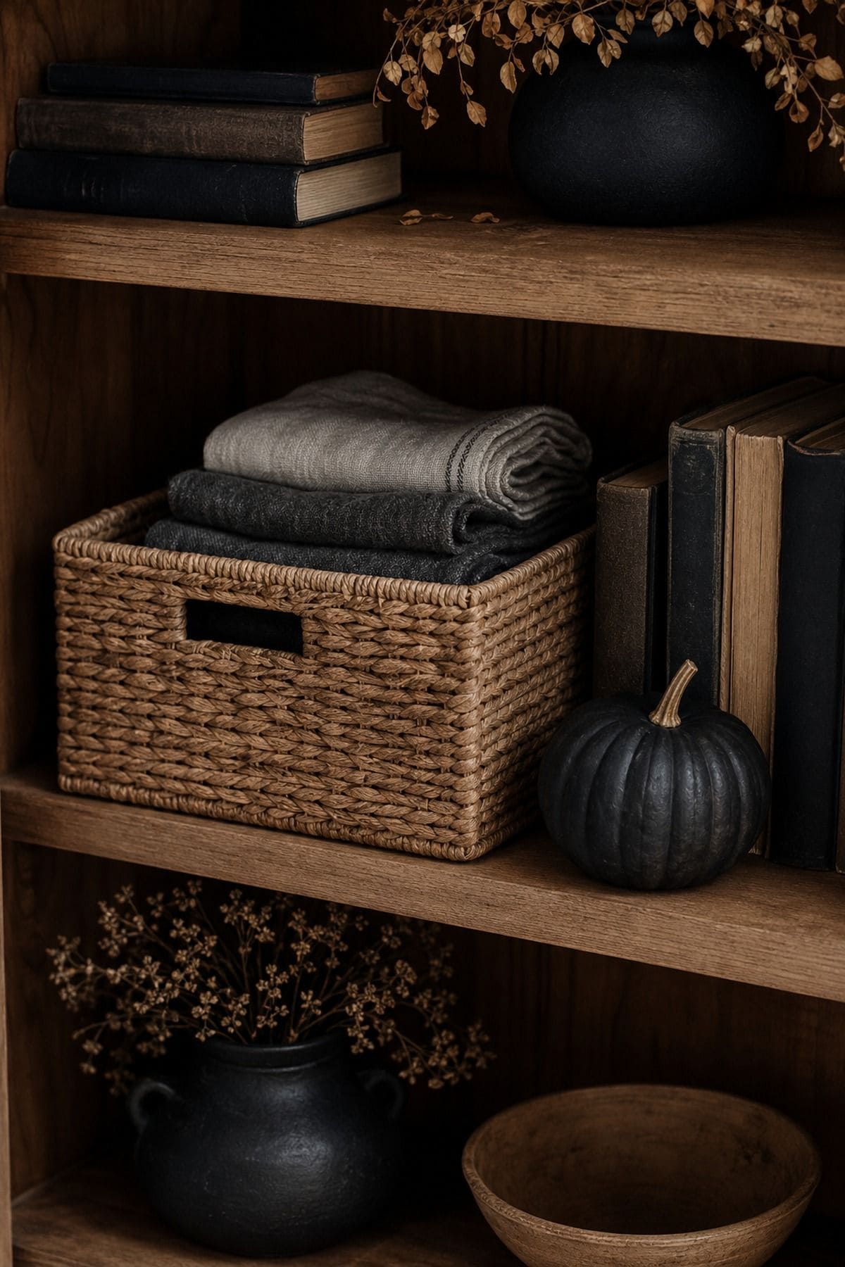 Basket That Still Stores shown as a realistic Pretty Wild World image for 17 Halloween Shelf Decor Ideas for a Moody Collected Display.