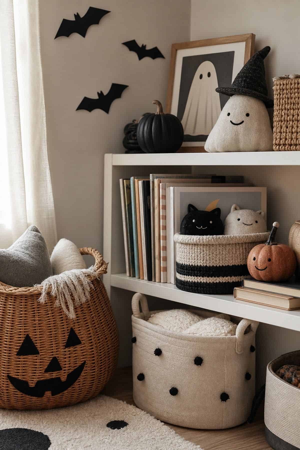 Kids Shelf Corner shown as a realistic Pretty Wild World image for 17 Halloween Shelf Decor Ideas for a Moody Collected Display.