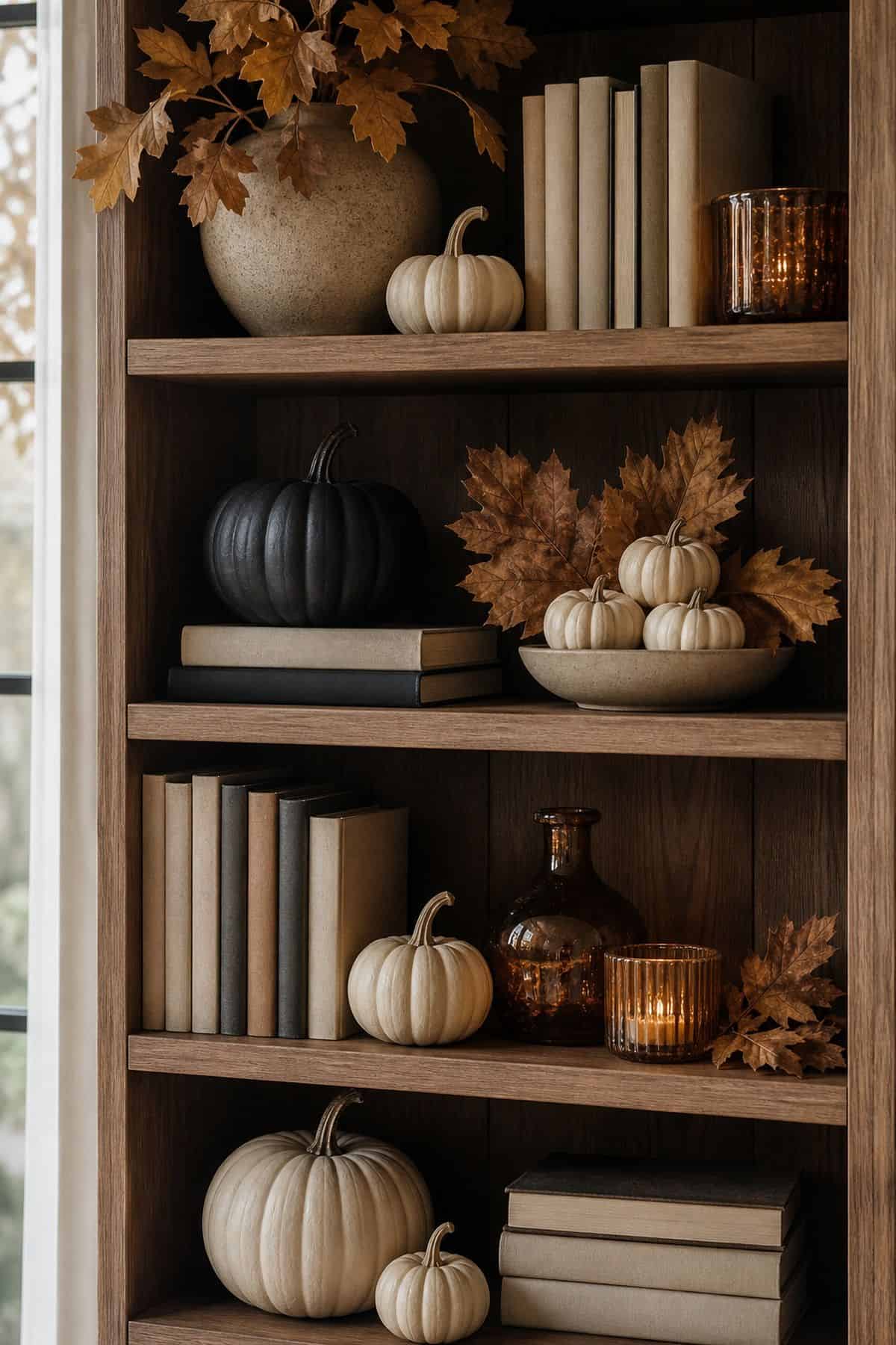 October-to-Fall Swap shown as a realistic Pretty Wild World image for 17 Halloween Shelf Decor Ideas for a Moody Collected Display.
