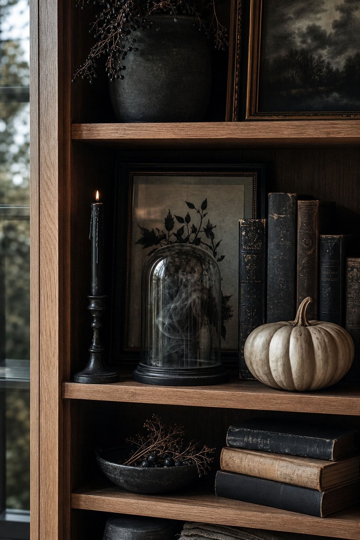 Shelf With a Little Mystery shown as a realistic Pretty Wild World image for 17 Halloween Shelf Decor Ideas for a Moody Collected Display.