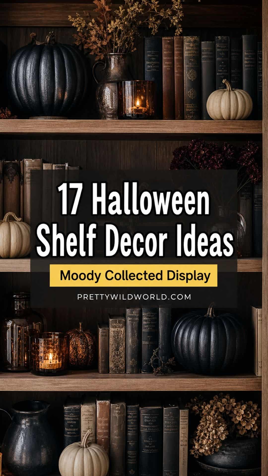 Pinterest pin for 17 Halloween Shelf Decor Ideas for a Moody Collected Display from Pretty Wild World.