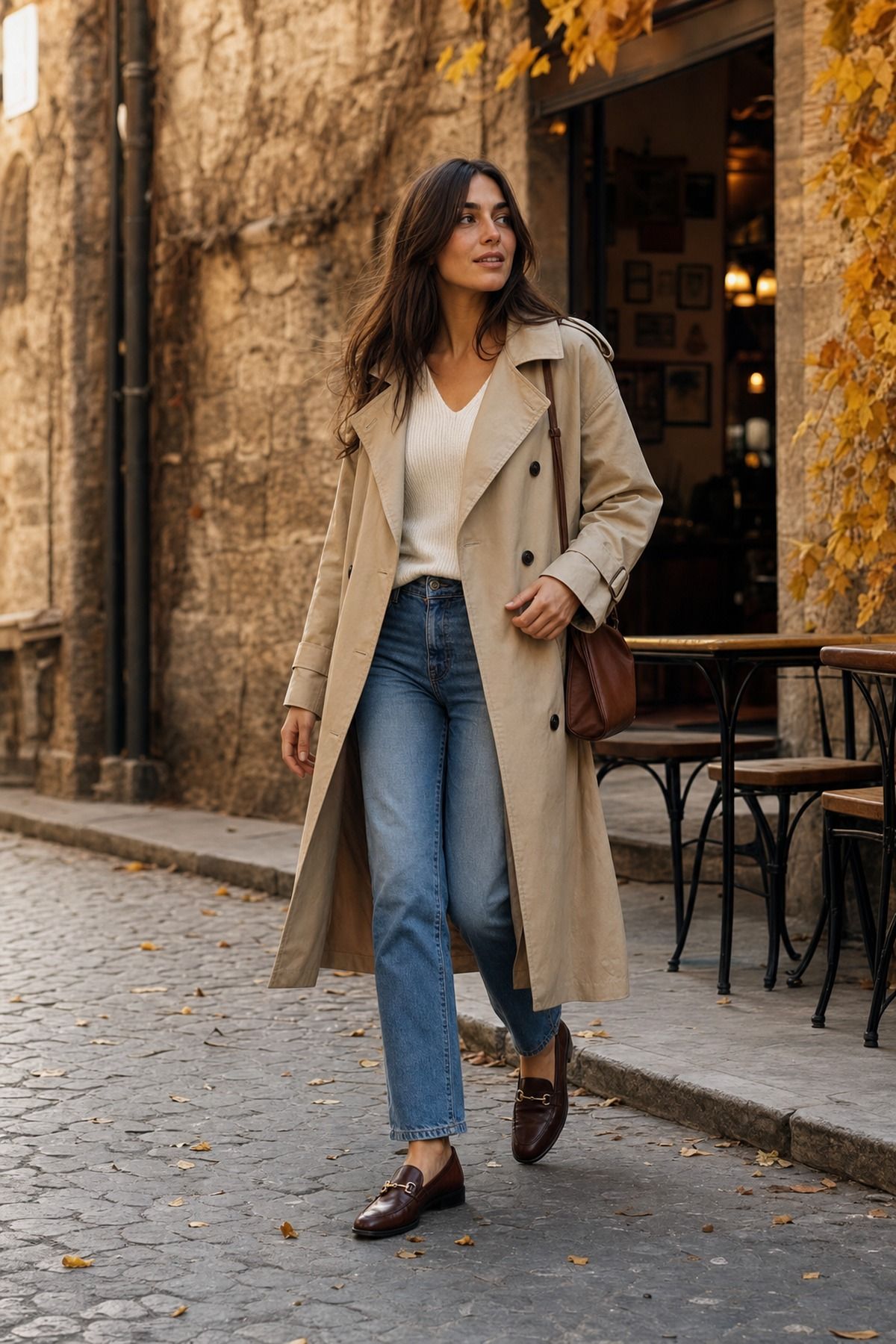 Trench Coat with Straight Jeans shown as a realistic Pretty Wild World image for 21 Italy Fall Outfits for Women for Golden Light, Walking, and Dinner.