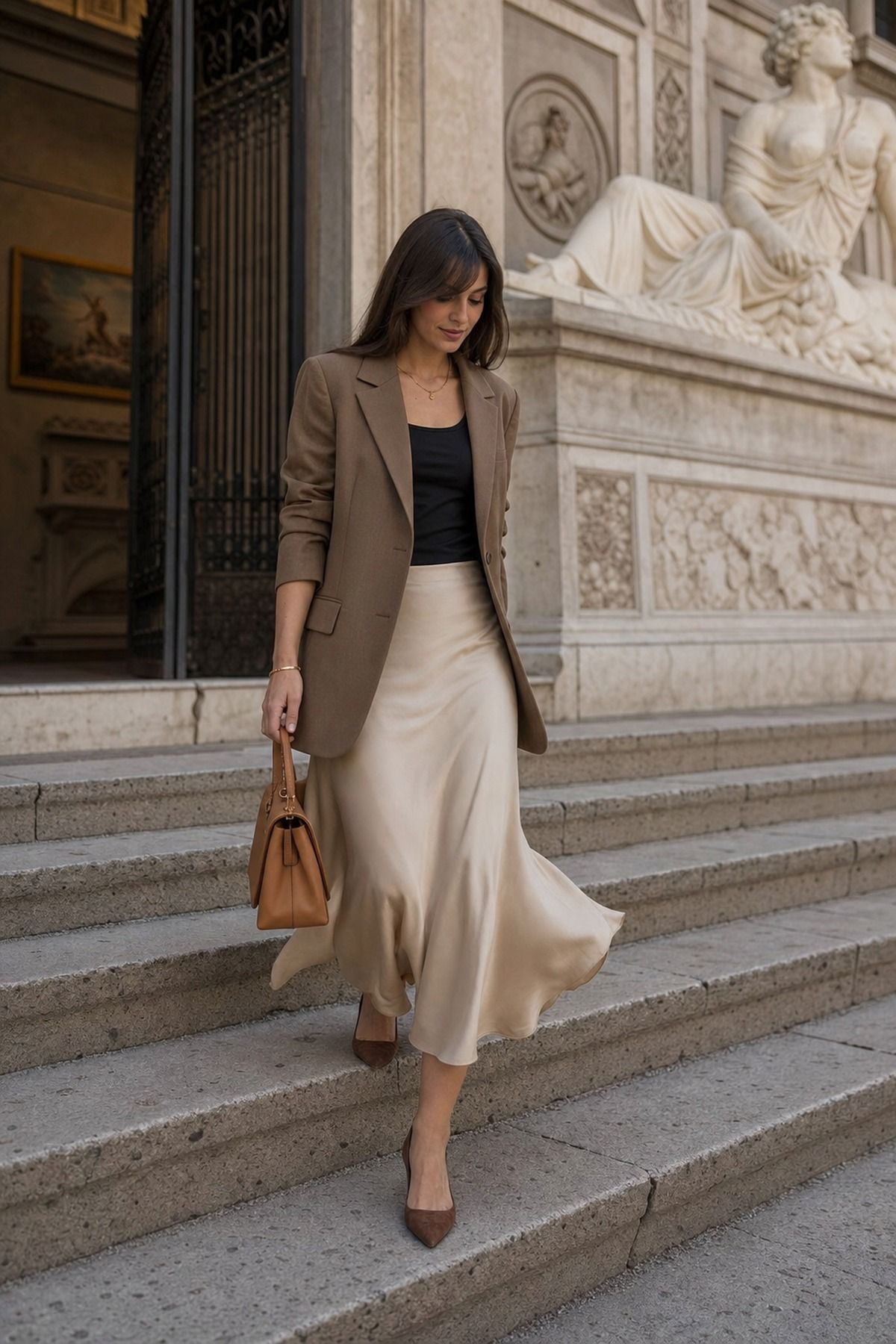 Blazer with a Midi Skirt shown as a realistic Pretty Wild World image for 21 Italy Fall Outfits for Women for Golden Light, Walking, and Dinner.