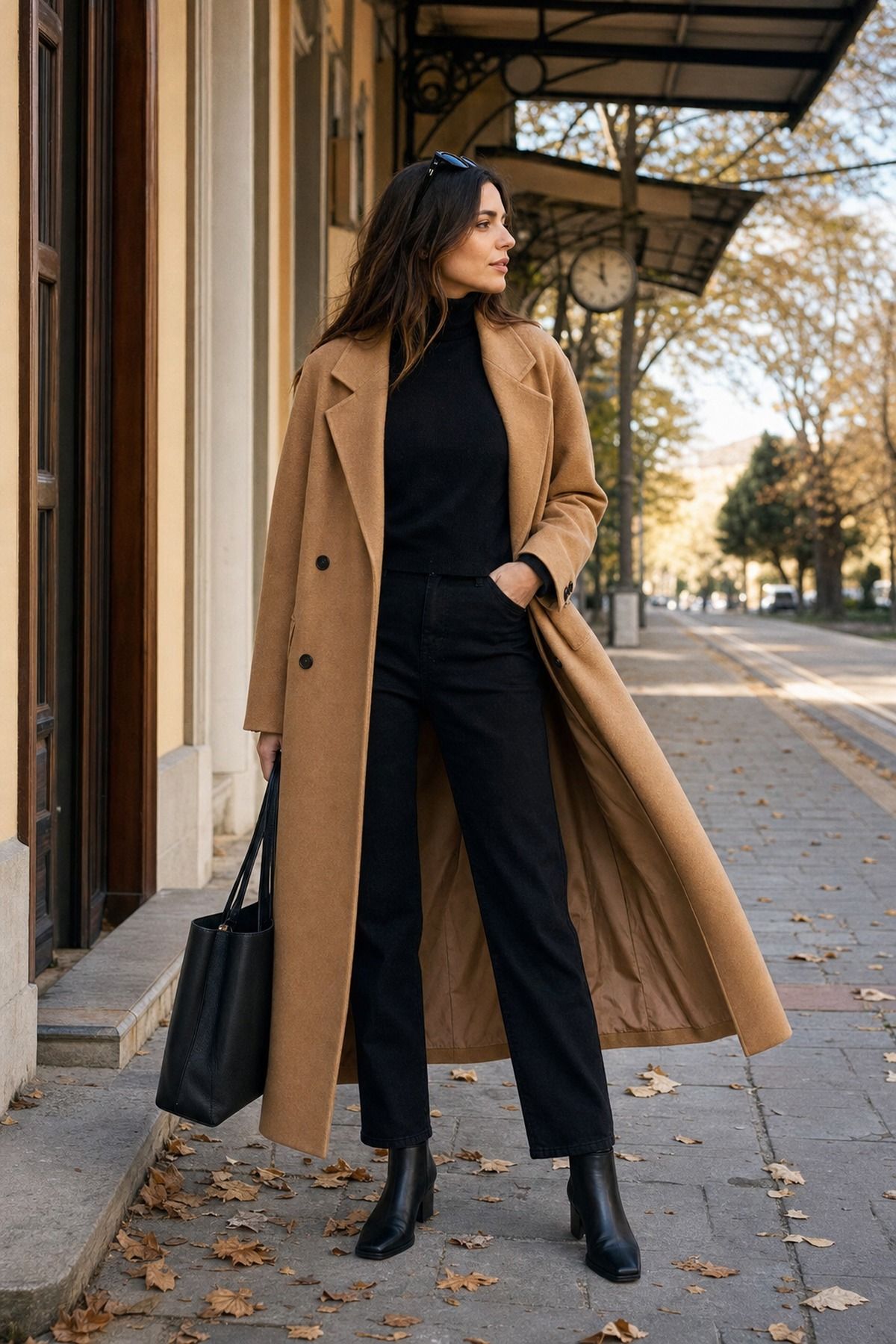 Camel Coat with Black Basics shown as a realistic Pretty Wild World image for 21 Italy Fall Outfits for Women for Golden Light, Walking, and Dinner.