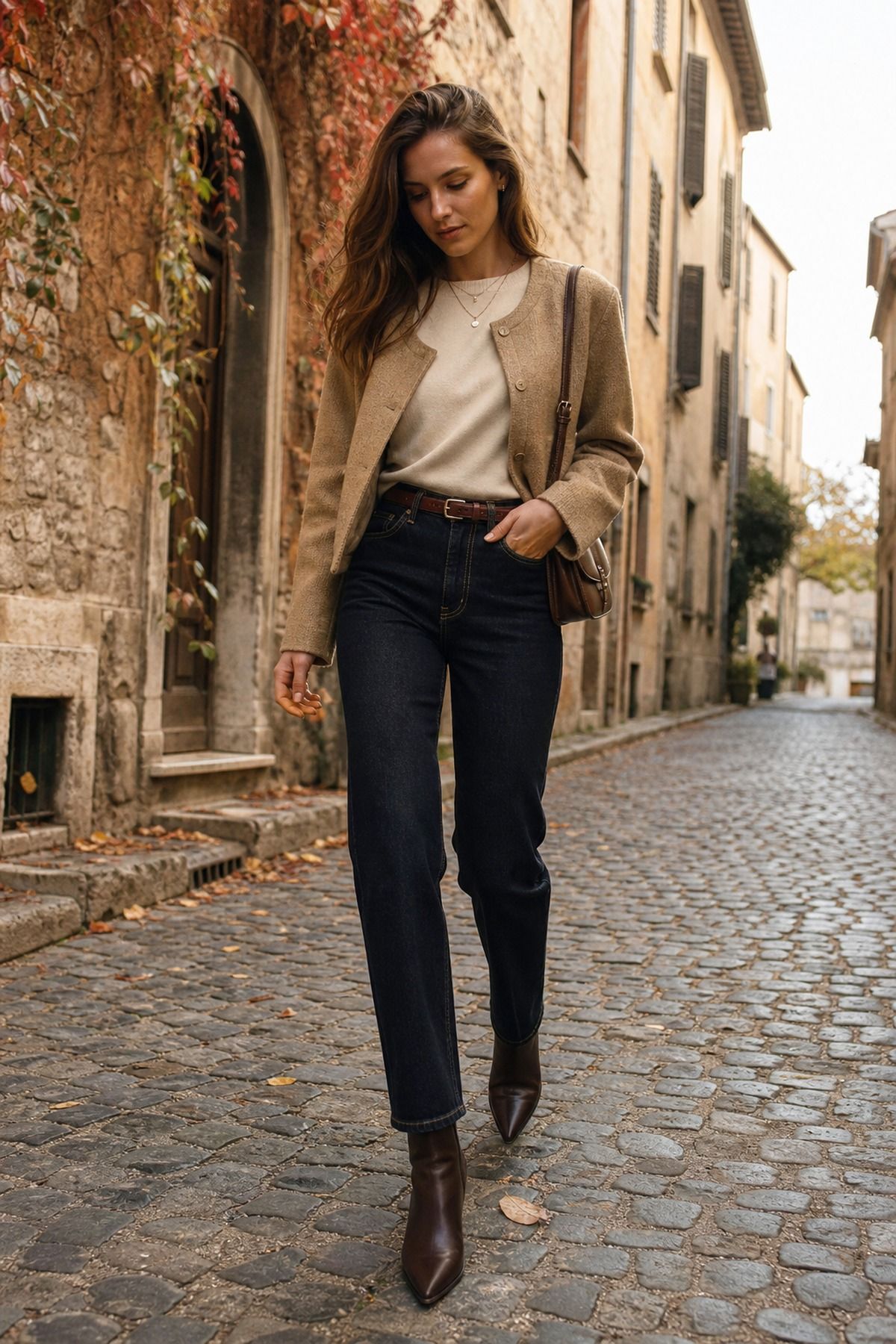 Dark Denim with Ankle Boots shown as a realistic Pretty Wild World image for 21 Italy Fall Outfits for Women for Golden Light, Walking, and Dinner.