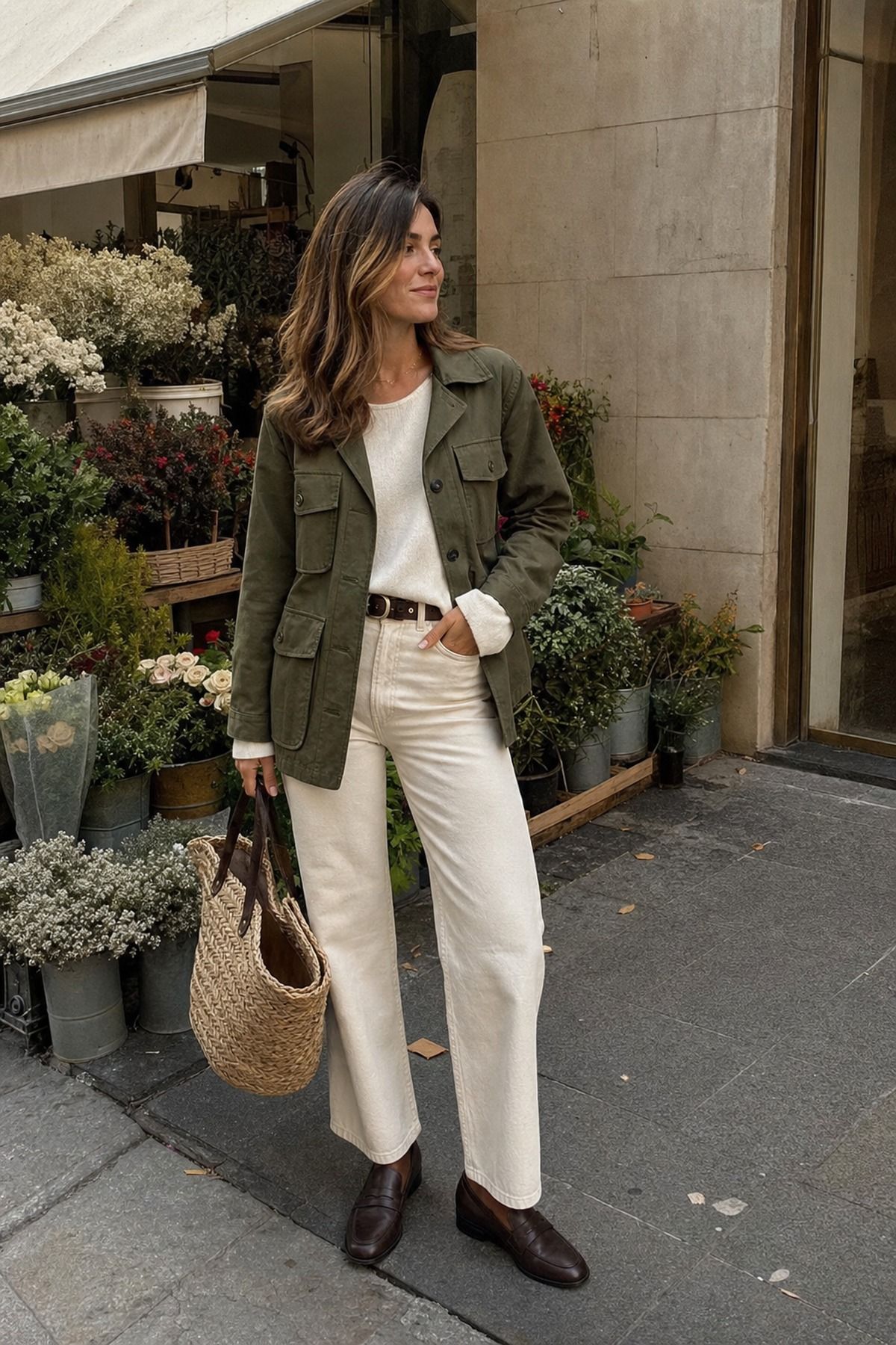 Olive Jacket with Ecru Jeans shown as a realistic Pretty Wild World image for 21 Italy Fall Outfits for Women for Golden Light, Walking, and Dinner.