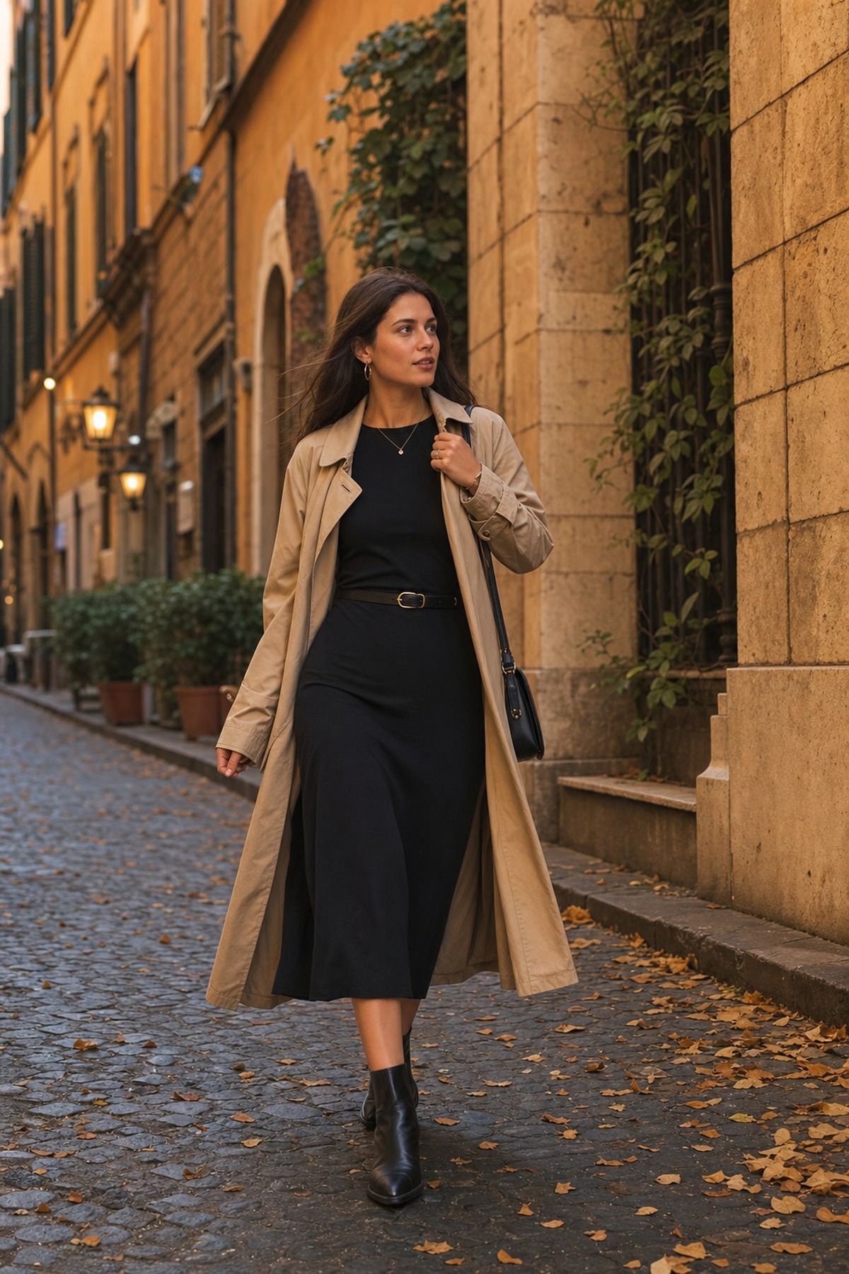 Black Dress with a Trench shown as a realistic Pretty Wild World image for 21 Italy Fall Outfits for Women for Golden Light, Walking, and Dinner.