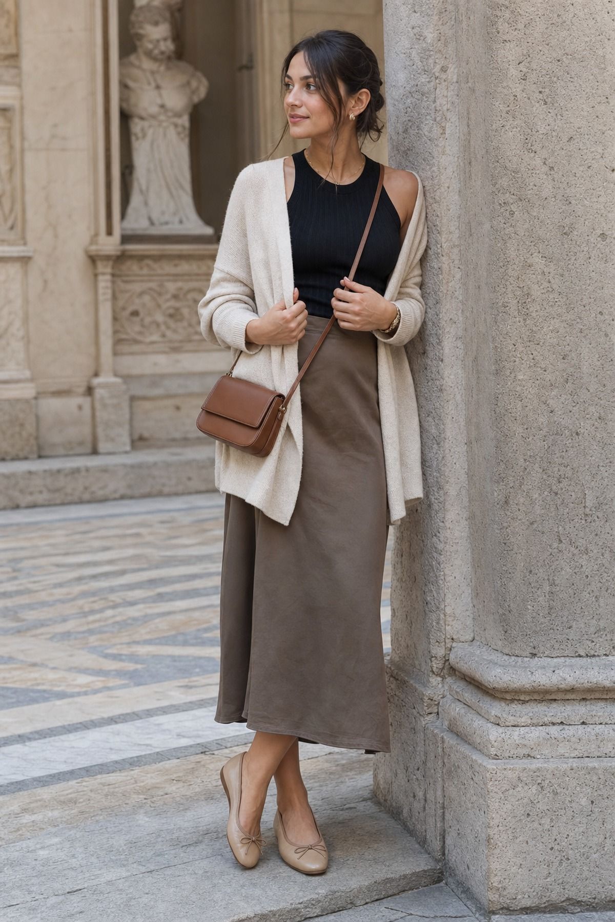 Museum Day Covered Shoulder Look shown as a realistic Pretty Wild World image for 21 Italy Fall Outfits for Women for Golden Light, Walking, and Dinner.