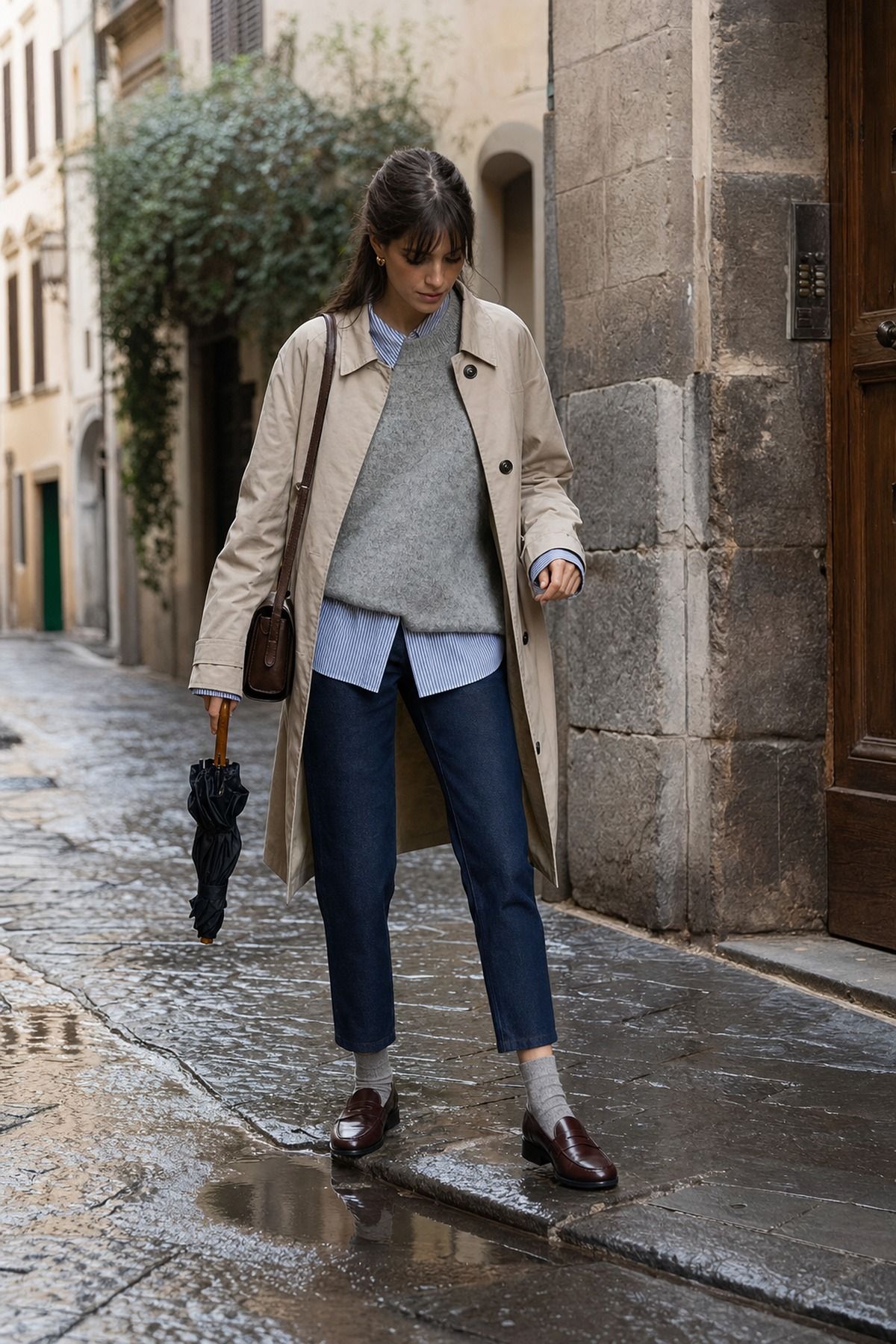 Rainy Day Loafers and Layers shown as a realistic Pretty Wild World image for 21 Italy Fall Outfits for Women for Golden Light, Walking, and Dinner.
