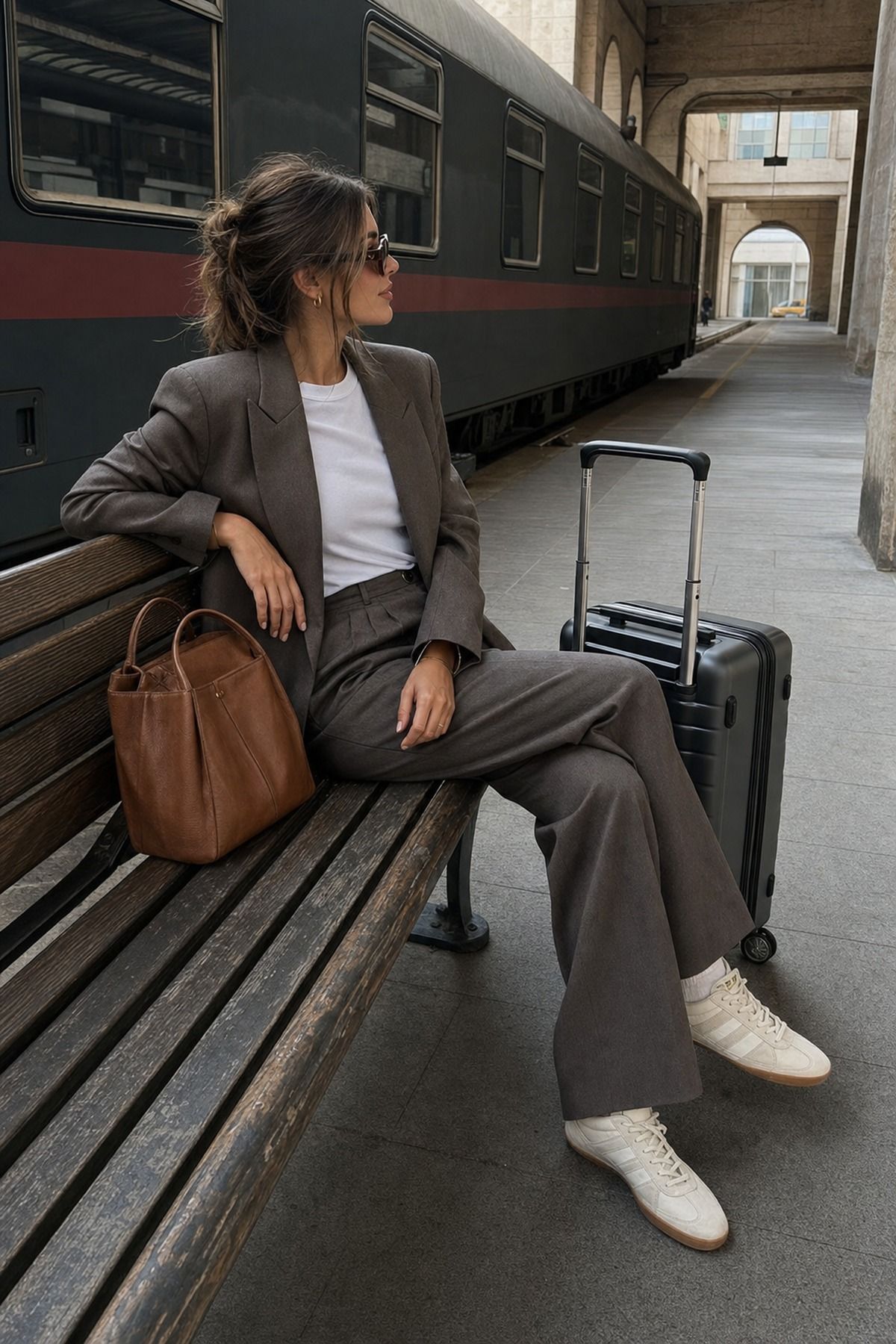 Train Day Soft Suiting shown as a realistic Pretty Wild World image for 21 Italy Fall Outfits for Women for Golden Light, Walking, and Dinner.