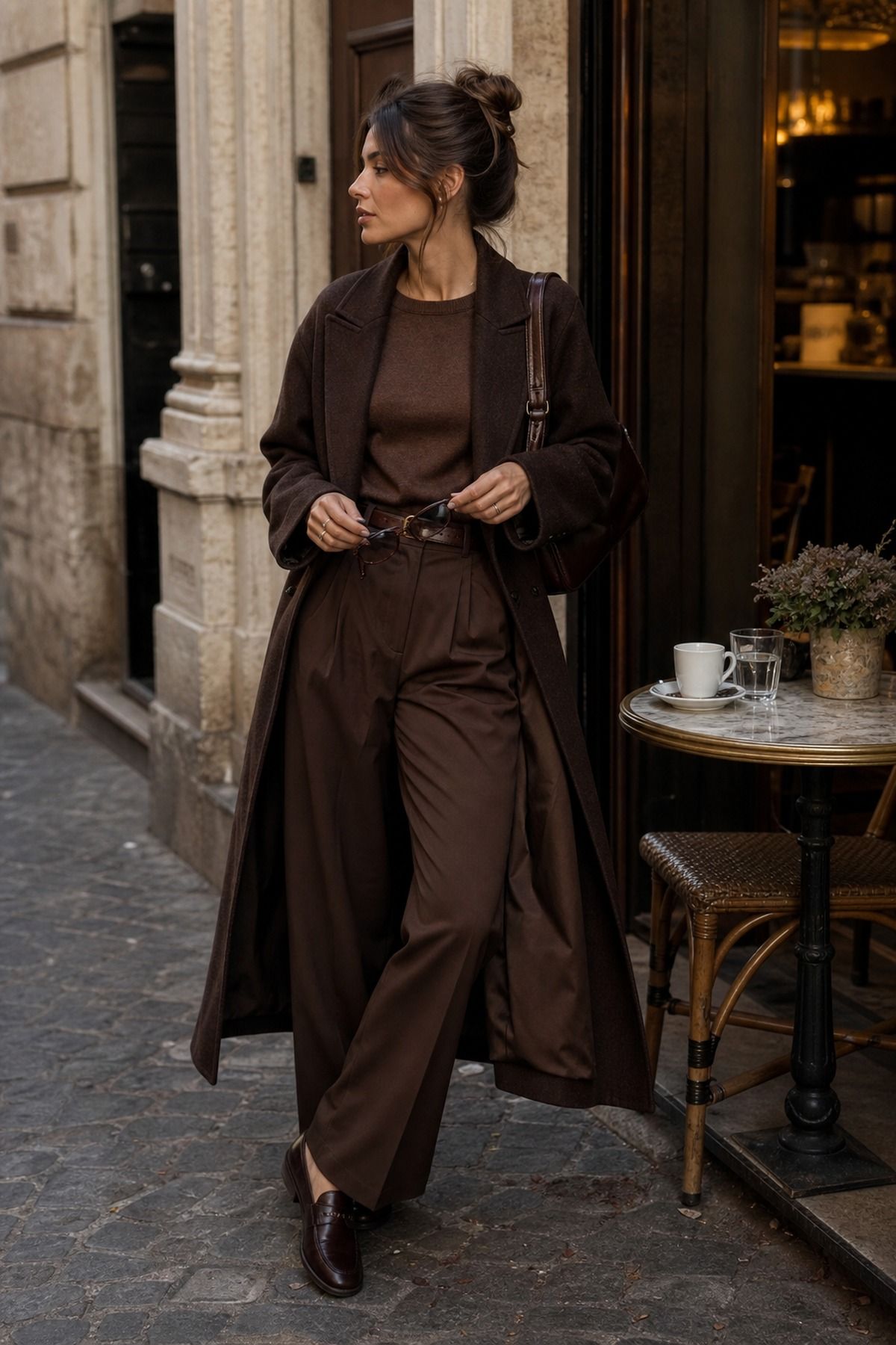 Espresso Monochrome Outfit shown as a realistic Pretty Wild World image for 21 Italy Fall Outfits for Women for Golden Light, Walking, and Dinner.
