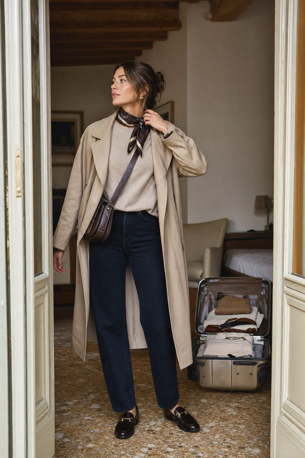 One Suitcase Italy Fall Formula shown as a realistic Pretty Wild World image for 21 Italy Fall Outfits for Women for Golden Light, Walking, and Dinner.