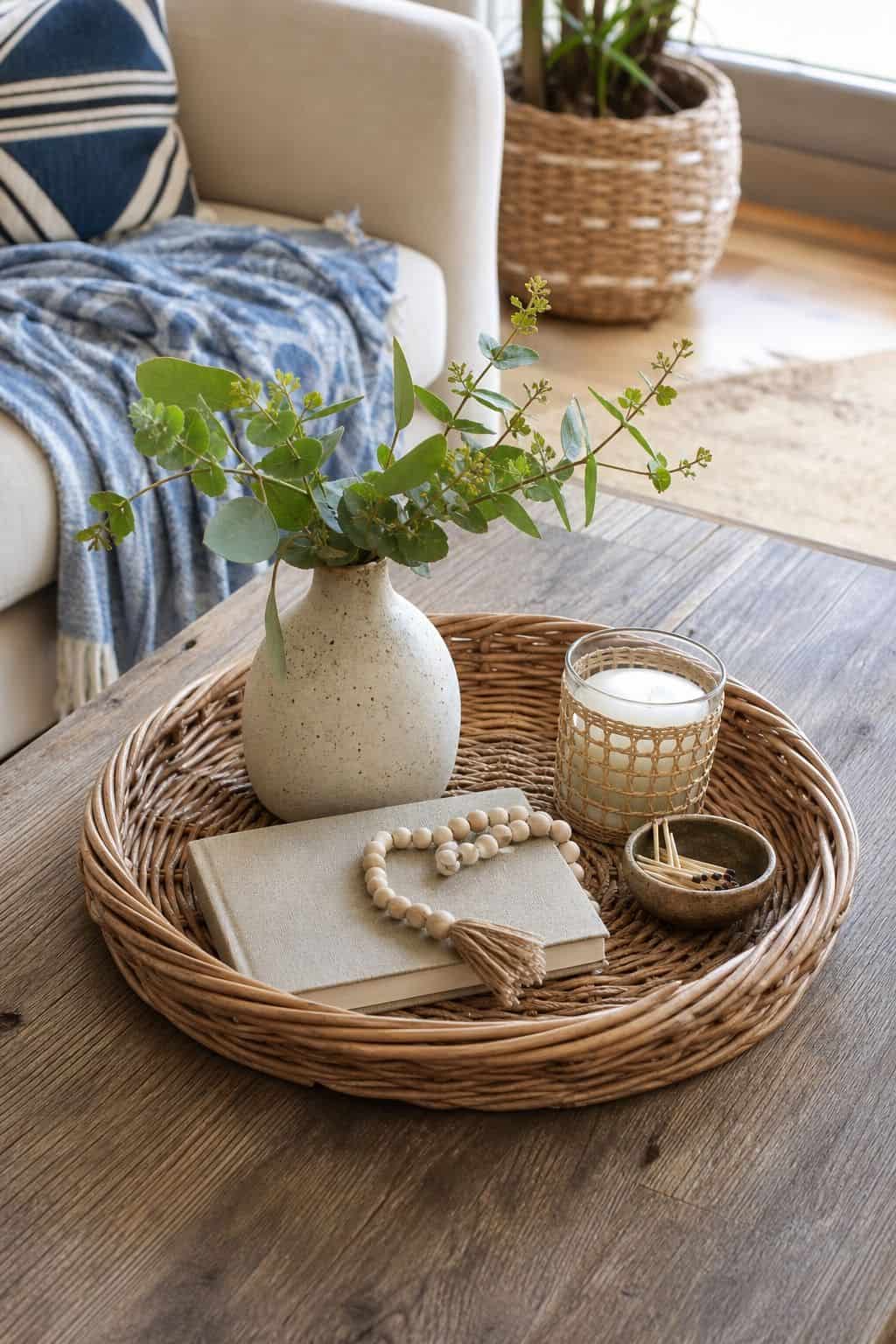 Rattan Tray Base shown as a realistic Pretty Wild World image for 15 Summer Coffee Table Decor Ideas for a Fresh Easy Living Room.