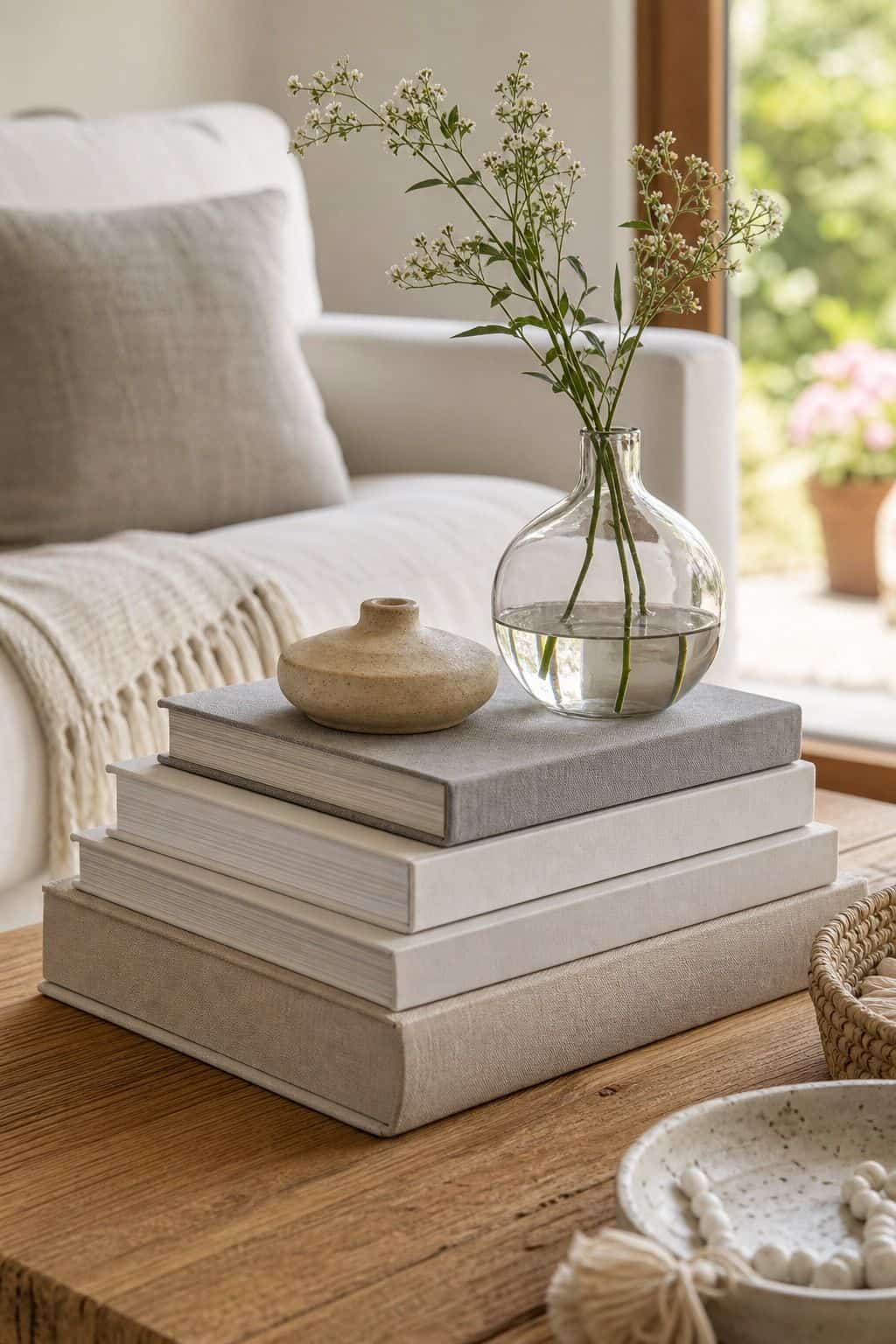 Summer Book Stack shown as a realistic Pretty Wild World image for 15 Summer Coffee Table Decor Ideas for a Fresh Easy Living Room.