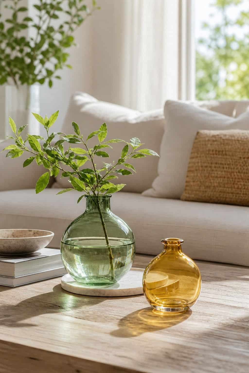 Colored Glass Accent shown as a realistic Pretty Wild World image for 15 Summer Coffee Table Decor Ideas for a Fresh Easy Living Room.