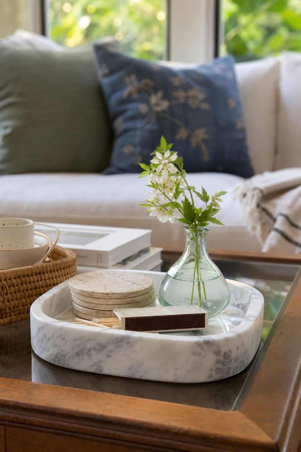 Marble Catchall Tray shown as a realistic Pretty Wild World image for 15 Summer Coffee Table Decor Ideas for a Fresh Easy Living Room.