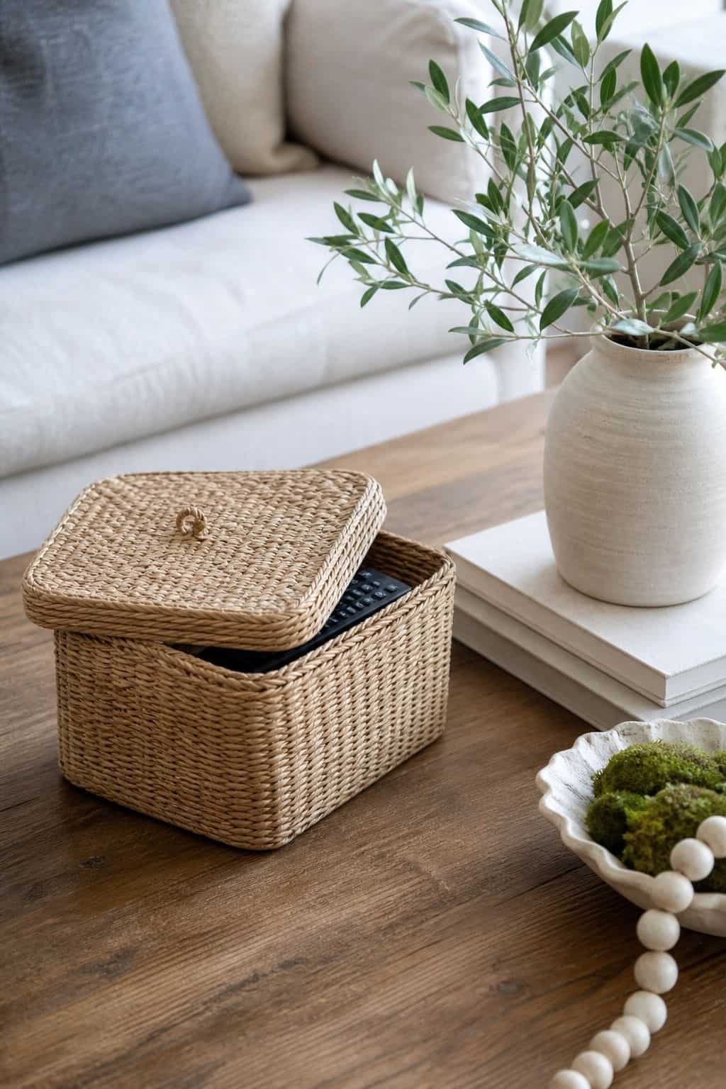 Remote Control Basket shown as a realistic Pretty Wild World image for 15 Summer Coffee Table Decor Ideas for a Fresh Easy Living Room.
